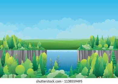 Waterfall cliff with mountains landscape. Vector nature background