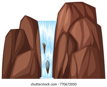 Waterfall coming down the brown rocks illustration