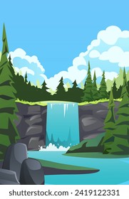 Waterfall in coniferous forest vector illustration. Cartoon summer landscape with river water falling down from mountain rocks, fir-trees, bushes and blue sky. Wild nature flora, rocky cliff