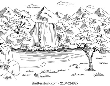 Waterfall desert graphic black white landscape sketch illustration vector