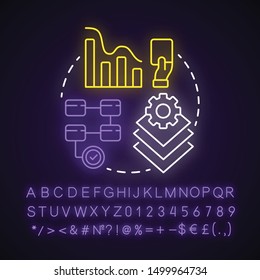 Waterfall development neon light concept icon. Phases of project. Strategy management. Workflow administration idea. Glowing sign with alphabet, numbers and symbols. Vector isolated illustration