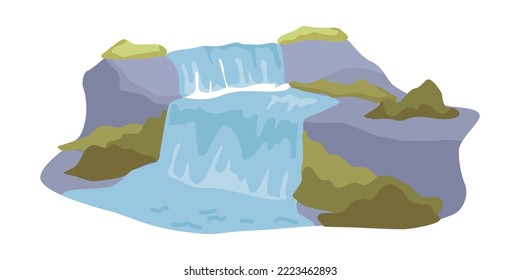 Waterfall energy of flowing water. River or lake landscape with lush greenery and rocks. Natural renewable resources. Vector in flat style illustration