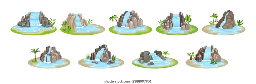 Waterfall Falls from Stone Rock or Cliff Vector Set