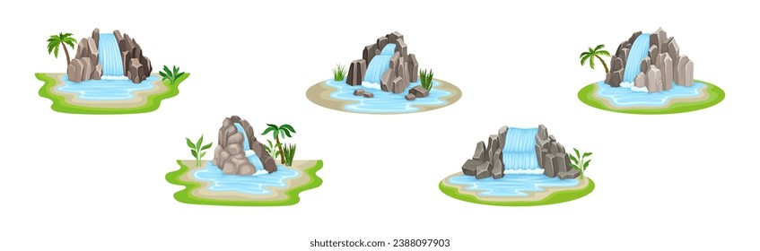Waterfall Falls from Stone Rock or Cliff Vector Set