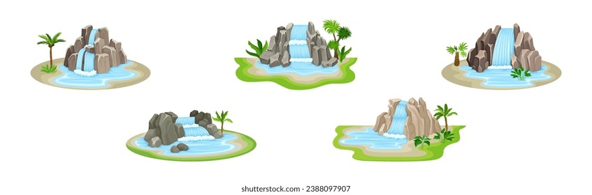 Waterfall Falls from Stone Rock or Cliff Vector Set