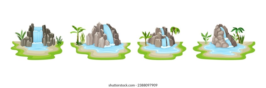 Waterfall Falls from Stone Rock or Cliff Vector Set