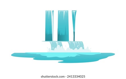 Cascada, estilo de dibujos animados planos, ilustración vectorial aislada en fondo blanco. El agua fluye en un caudal poderoso sin roca, tierra u otra naturaleza. Cortar parte de una cascada con agua