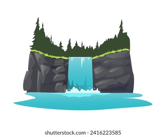 Waterfall, flat cartoon style, vector illustration isolated on white background. Blue fresh water flows in a powerful stream over stone rocks, coniferous summer forest from above