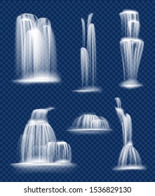 Waterfall flowing. Fresh clean and transparent water cascade falls splashes and drops vector nature realistic collection