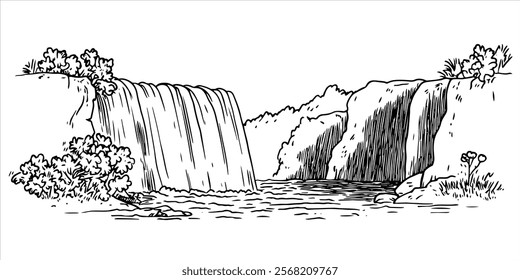 waterfall flowing into a river surrounded by cliffs in black illustration