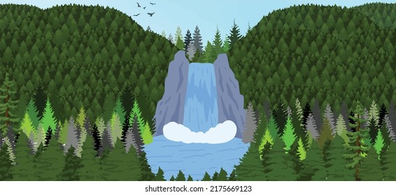 Waterfall flowing in the middle of the green forest. Birds, blue sky, waterfall, trees and forest