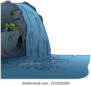 Cascada que fluye de la roca - Ilustración de dibujos coloreados aislados en fondo blanco, vector
