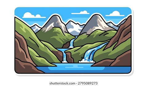 Waterfall flowing through green mountain
