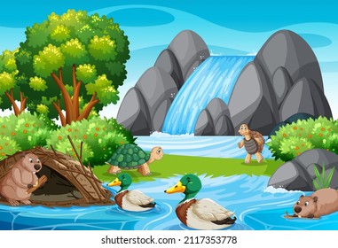 Waterfall in forest background with wild animals illustration