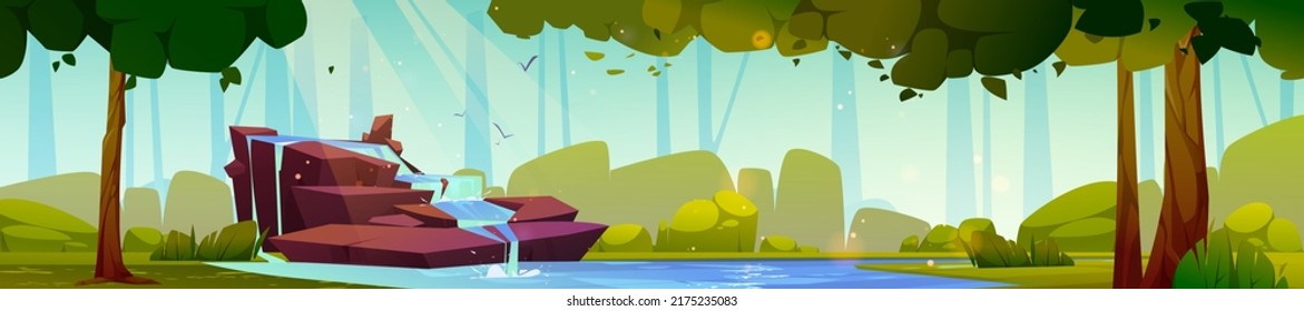 Waterfall In Forest, Cascade Jet At Summer Nature Landscape. Cartoon Panoramic View Of Stream Flow From Rocks, Fall To Lake With Green Trees Around. Wild Area, Beautiful Parkland, Vector Illustration