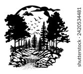 Waterfall in the Forest, Hand Drawn Vector Illustration
