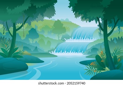 Waterfall and Forest Landscape Background, Natural Scenery and Environment View