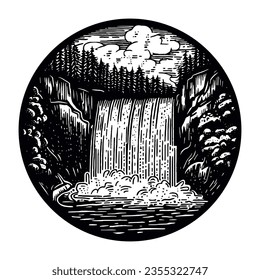 Wasserfall im Waldlandschaftsemblem