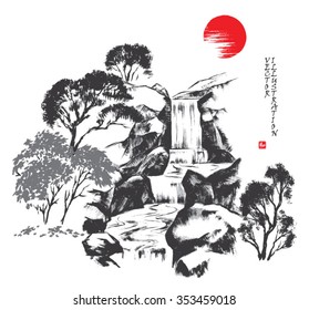 Waterfall in the forest. Picture in traditional japanese sumi-e style on vintage watercolor background. Vector illustration. Hieroglyph "harmony".