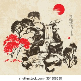 Waterfall in the forest. Picture in traditional japanese sumi-e style on vintage watercolor background. Vector illustration. Hieroglyph "harmony".