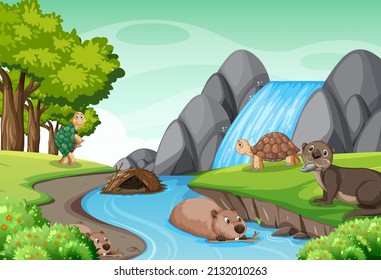 Waterfall in the forest with tortoises and beavers illustration