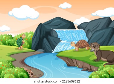 Waterfall in the forest with tortoises and an otter illustration