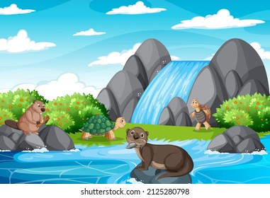 Waterfall in the forest with tortoises and an otter illustration