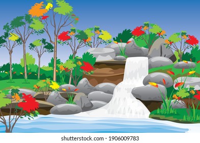 waterfall in forest vector design