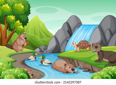 Waterfall in the forest with wild animals illustration