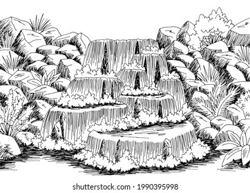 Waterfall graphic black white river landscape sketch illustration vector 