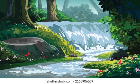 Waterfall with green forest landscape