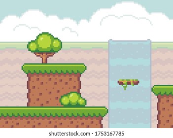 Waterfall with green hills, flying platform obstacle over abyss, green tree and bush. Pixel game interface. World of 8-bit game, graphics in 80s style. Location for mobile, computer game, 2d graphics