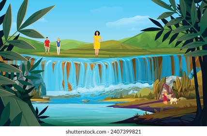 Waterfall in green jungle rainforest vector illustration. Cartoon tropical panoramic landscape with river water falling down from mountain rocks, fresh greenery of wild trees and bushes background