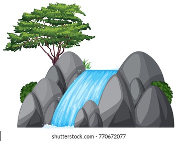 Waterfall and green tree on the rock illustration