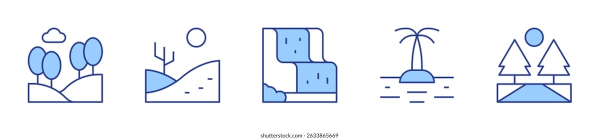 waterfall, hill, island, desert, road. Landscape Icon vector illustration. Line Duotone style. Editable stroke.