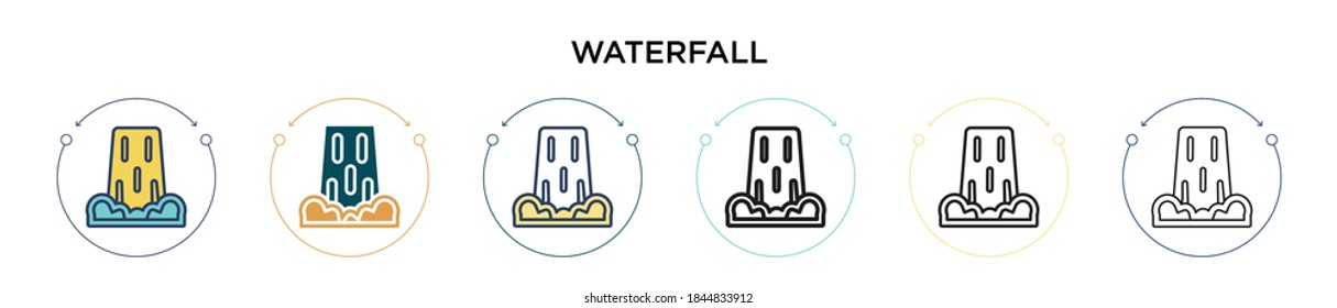 Waterfall icon in filled, thin line, outline and stroke style. Vector illustration of two colored and black waterfall vector icons designs can be used for mobile, ui, web