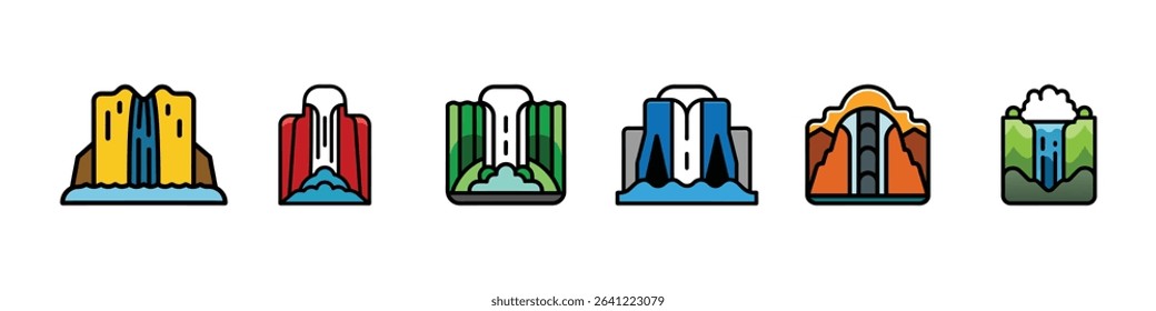 Waterfall icon set, Beautiful Waterfall, Waterfall icon vector illustration depicting natural cascading water from a cliff or rocks, symbolizing nature, travel, hiking, serenity, and eco-tourism