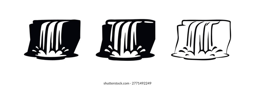Waterfall Icon Set with Cascading Water and Splash