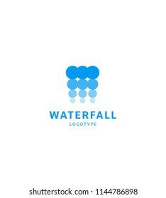 Waterfall icon, water abstract logo template, blue bubbles, hydroelectric power station, vector illustration on white background