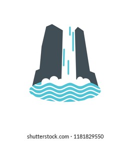 Waterfall Icon With Water Falling Into The Lake Or Sea. Vector Illustration