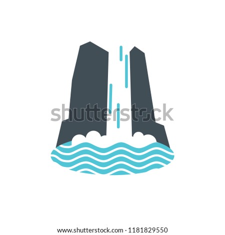 Waterfall icon with water falling into the lake or sea. Vector illustration
