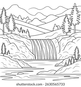A waterfall illustration line art of a coloring page 