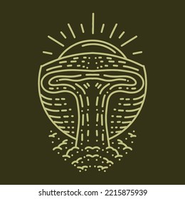 waterfall illustration Monoline Vector Logo, island vintage badge, creative emblem Design For Tshirt
