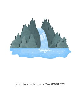 Waterfall illustration. Mountain stream with splash, drop and flowing cascade in nature scene. Flat cartoon landscape with tropical greenery, wild hill, lake, river and outdoor jungle paradise.

