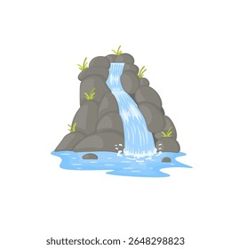 Waterfall illustration. Mountain stream with splash, drop and flowing cascade in nature scene. Flat cartoon landscape with tropical greenery, wild hill, lake, river and outdoor jungle paradise.

