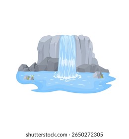 Waterfall illustration. Mountain stream with splash, drop and flowing cascade in nature scene. Flat cartoon landscape with tropical greenery, wild hill, lake, river and outdoor jungle paradise.

