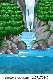 Waterfall into pond scene illustration