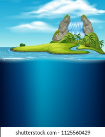 A Waterfall Island and Underwater illustration