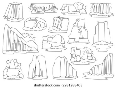 Waterfall isolated outline set icon. Vector outline set icon river cascade. Vector illustration waterfall on white background.