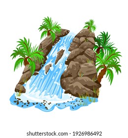 Waterfall in jungle isolated on white background. Waterfall and palm trees. Cartoon landscapes with water cascade, mountains, trees and bushes. Element for scenery design. Stock vector illustration